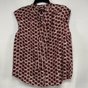 Geometric Print J.CREW Burgundy 100% Silk Sleeveless Tie-Neck Blouse Size 10